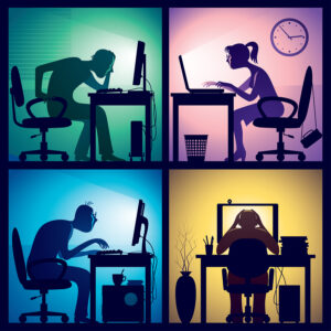 Man and woman sitting in front of screens in a dark office room. Eps8 CMYK Organized by layers. Global colors. Gradients used.